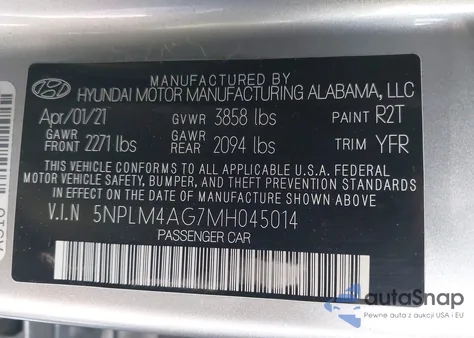 2021 Hyundai Elantra Sel из США, поврежденный, VIN 5NPLM4AG7MH045014